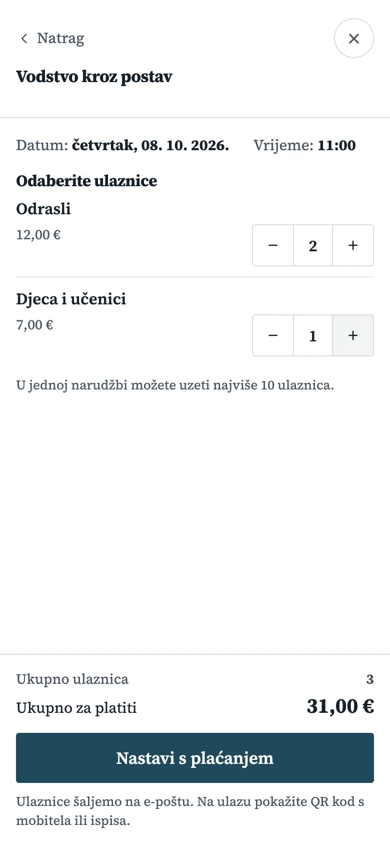 Webshop na mobitelu: odabir ulaznica za termin i ukupno za platiti
