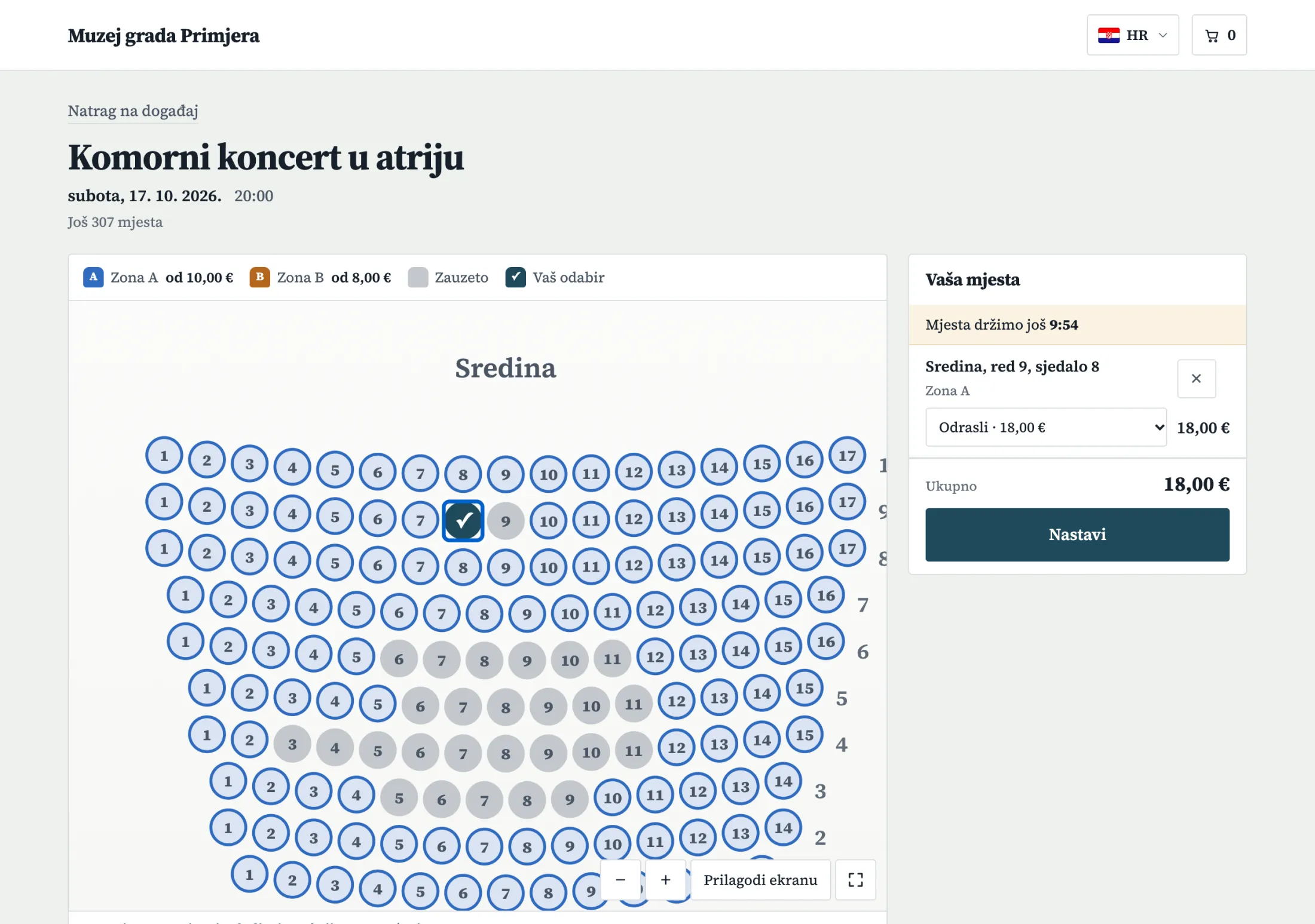 Odabir sjedala u webshopu: sekcija Sredina, zauzeta mjesta i odabrano sjedalo s cijenom